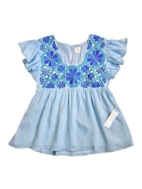 Light Blue Embroidered Flutter Sleeve Blouse